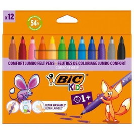 Bic Kids Comfort Jumbo Pack de 12 Rotuladores con Tinta Lavable, Agarre Antideslizante, Colores Variados